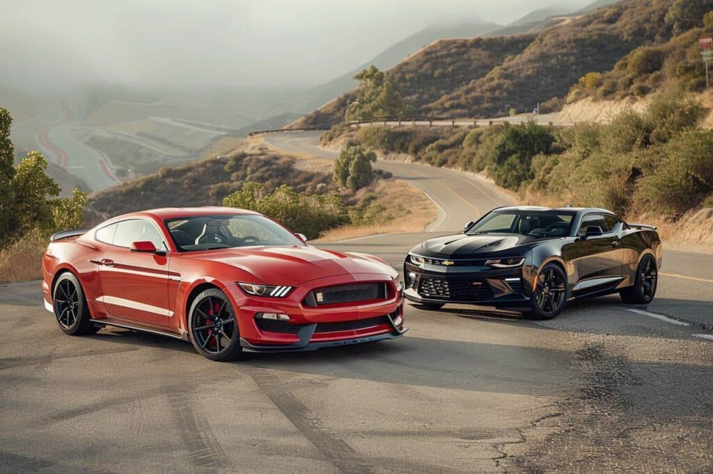A side-by-side comparison of a Ford Mustang and Chevrolet Camaro on a scenic coastal road, showcasing their iconic silhouettes and muscular stance.